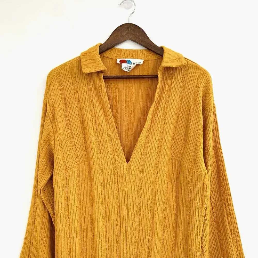 Free People FP Beach Midi Dress sz XS Collared Gold Yellow Long Sleeve *FLAW